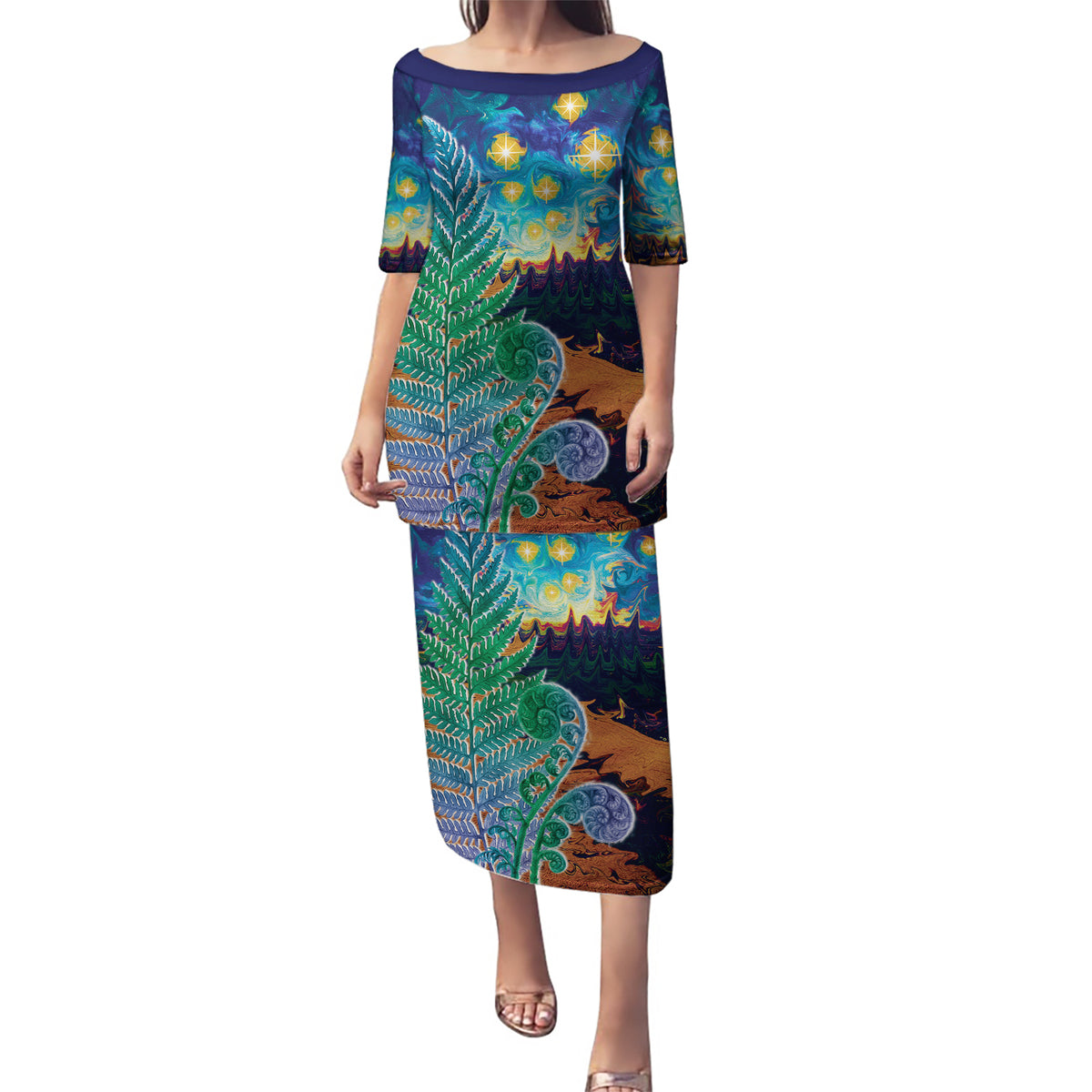 Personalised New Zealand Matariki Art Star Puletasi Koru Fern Night Starry Sky LT9 Long Dress Black - Polynesian Pride