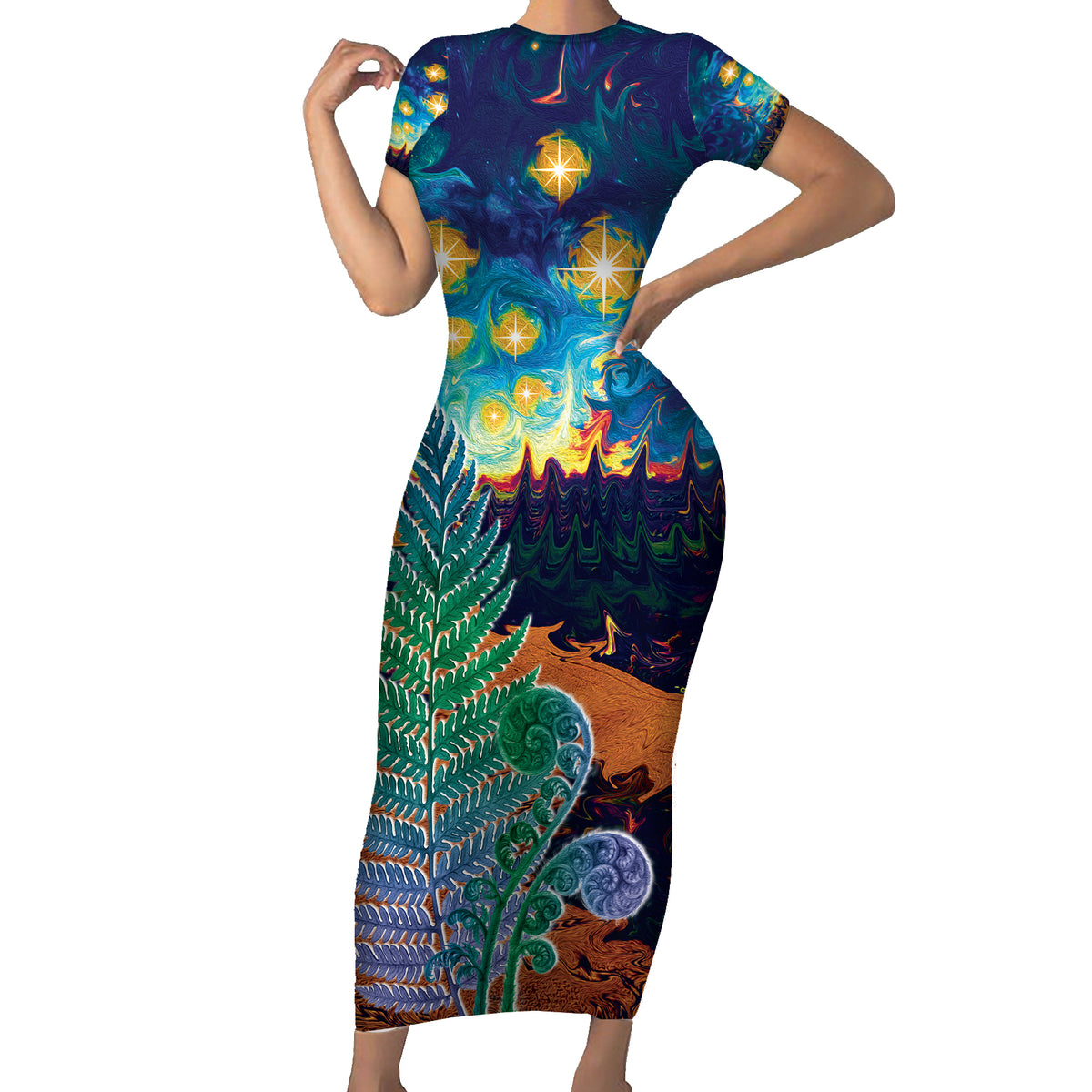 Personalised New Zealand Matariki Art Star Short Sleeve Bodycon Dress Koru Fern Night Starry Sky LT9 Long Dress Black - Polynesian Pride