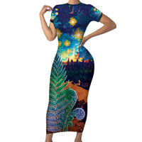 Personalised New Zealand Matariki Art Star Short Sleeve Bodycon Dress Koru Fern Night Starry Sky LT9 Long Dress Black - Polynesian Pride