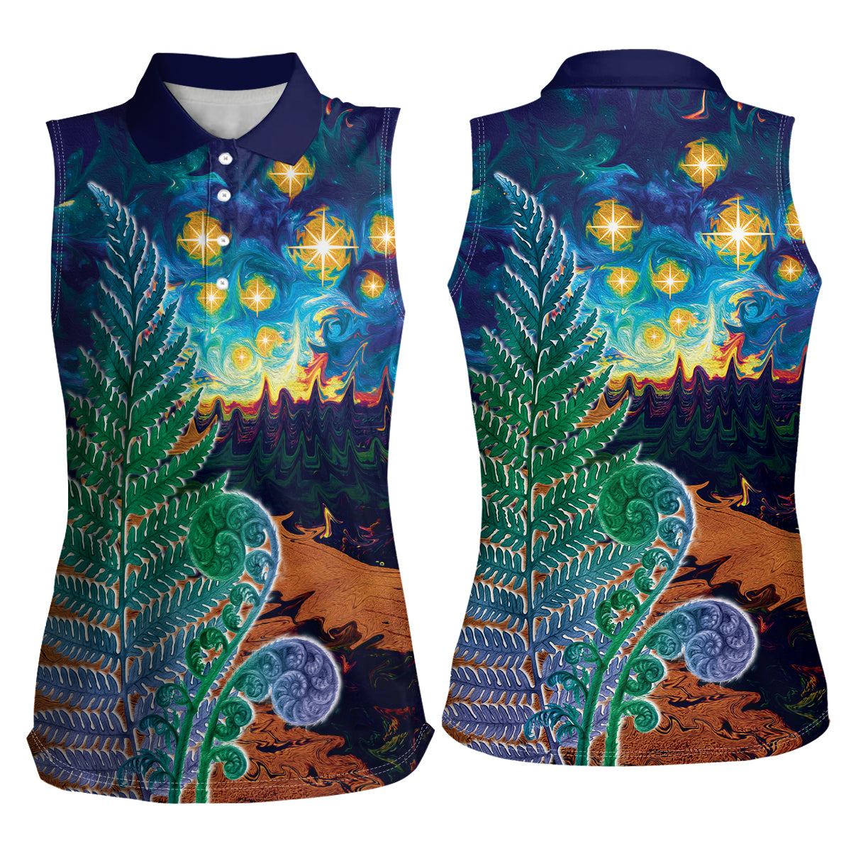 Personalised New Zealand Matariki Art Star Women Sleeveless Polo Shirt Koru Fern Night Starry Sky LT9 - Polynesian Pride