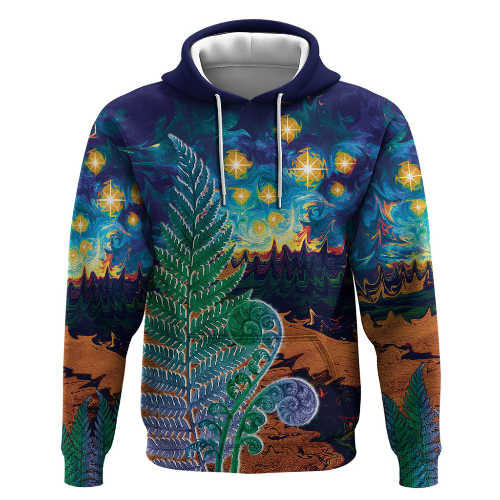 Personalised New Zealand Matariki Art Star Zip Hoodie Koru Fern Night Starry Sky LT9 Pullover Hoodie Black - Polynesian Pride