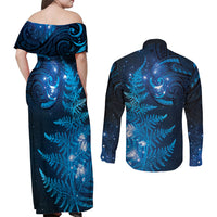 New Zealand Matariki Couples Matching Off Shoulder Maxi Dress and Long Sleeve Button Shirt Blue Milky Way Stars Night Sky LT9 - Polynesian Pride