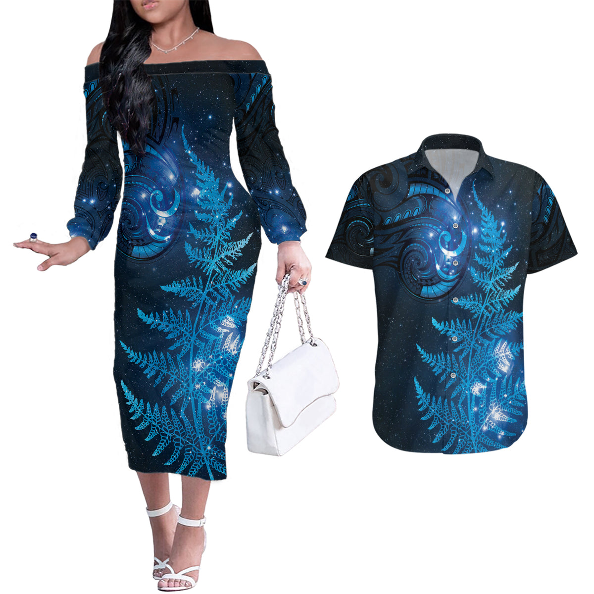 New Zealand Matariki Couples Matching Off The Shoulder Long Sleeve Dress and Hawaiian Shirt Blue Milky Way Stars Night Sky LT9 Blue - Polynesian Pride
