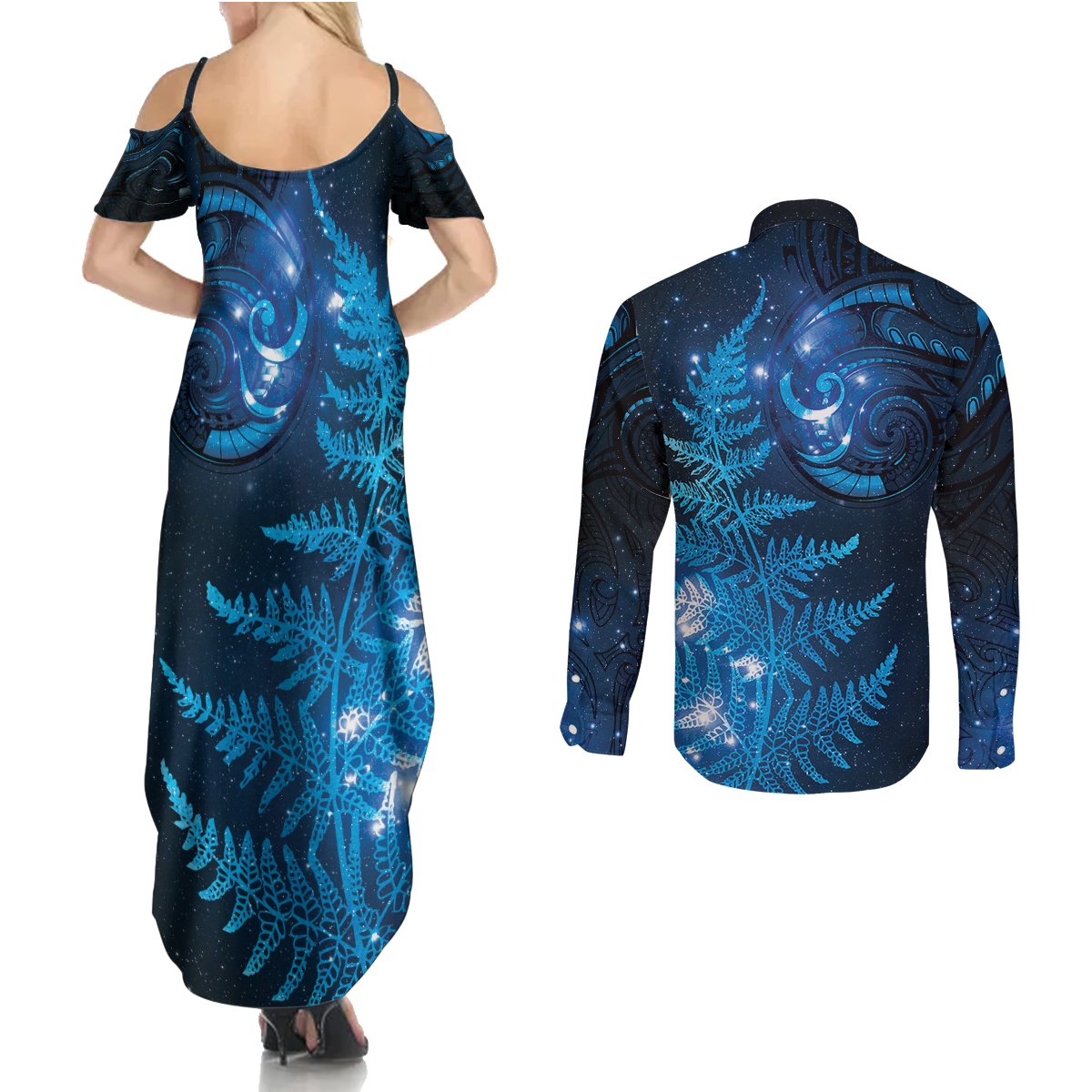 New Zealand Matariki Couples Matching Summer Maxi Dress and Long Sleeve Button Shirt Blue Milky Way Stars Night Sky LT9 - Polynesian Pride