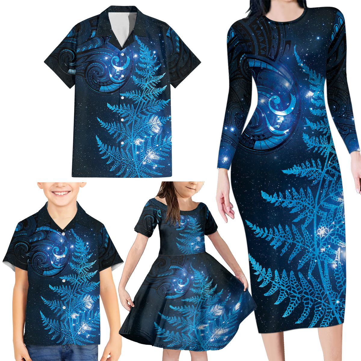 New Zealand Matariki Family Matching Long Sleeve Bodycon Dress and Hawaiian Shirt Blue Milky Way Stars Night Sky LT9 - Polynesian Pride
