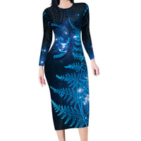 New Zealand Matariki Family Matching Long Sleeve Bodycon Dress and Hawaiian Shirt Blue Milky Way Stars Night Sky LT9 Mom's Dress Blue - Polynesian Pride