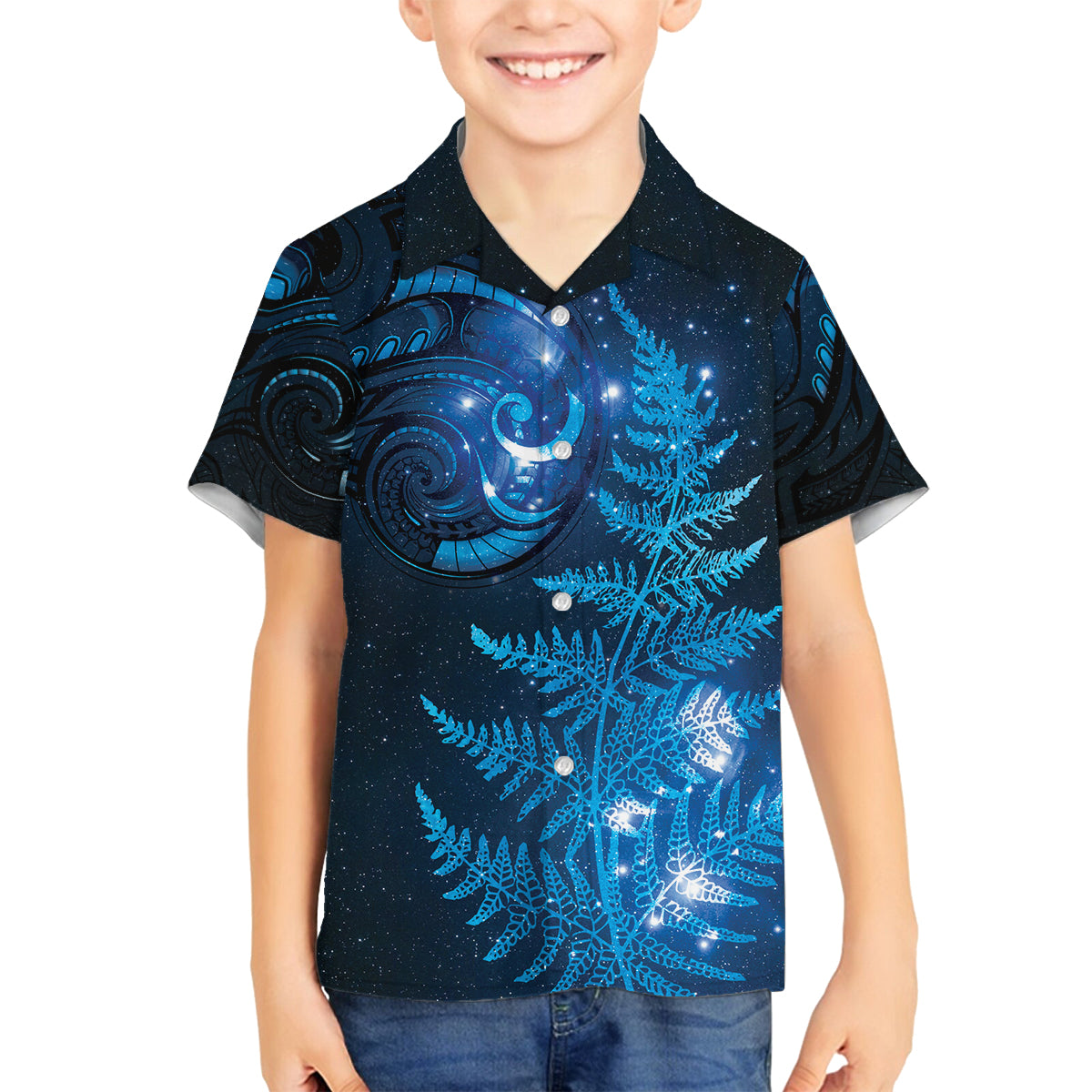 New Zealand Matariki Family Matching Long Sleeve Bodycon Dress and Hawaiian Shirt Blue Milky Way Stars Night Sky LT9 Son's Shirt Blue - Polynesian Pride