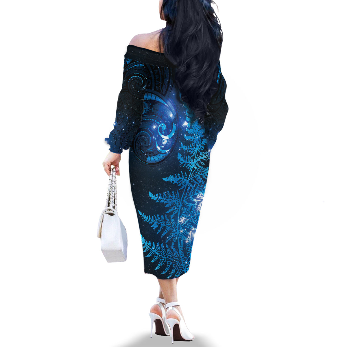 New Zealand Matariki Family Matching Off The Shoulder Long Sleeve Dress and Hawaiian Shirt Blue Milky Way Stars Night Sky LT9 - Polynesian Pride