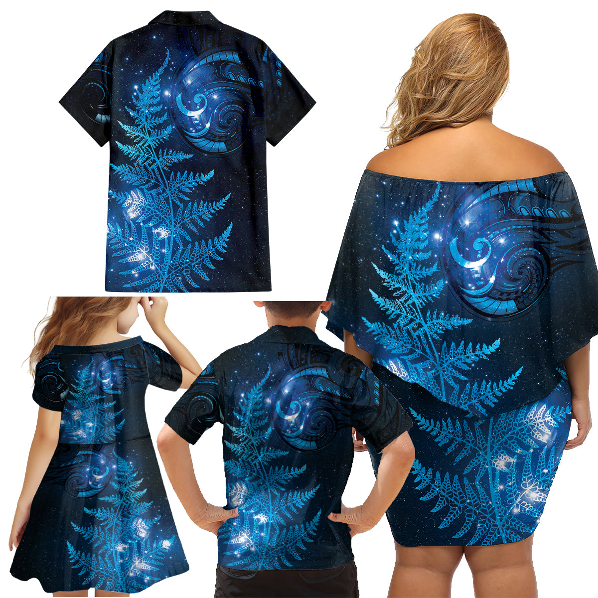 New Zealand Matariki Family Matching Off Shoulder Short Dress and Hawaiian Shirt Blue Milky Way Stars Night Sky LT9 - Polynesian Pride