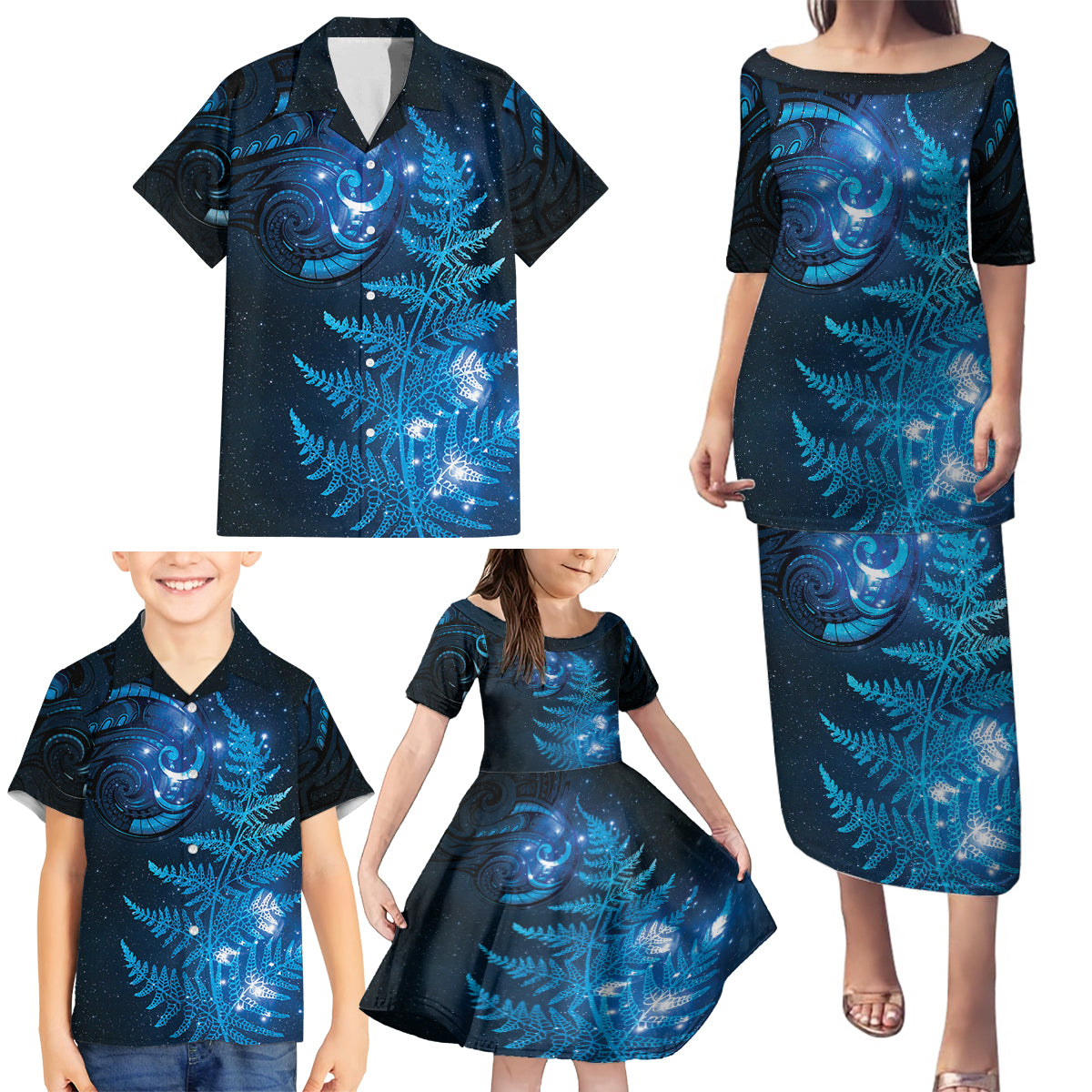 New Zealand Matariki Family Matching Puletasi and Hawaiian Shirt Blue Milky Way Stars Night Sky LT9 - Polynesian Pride