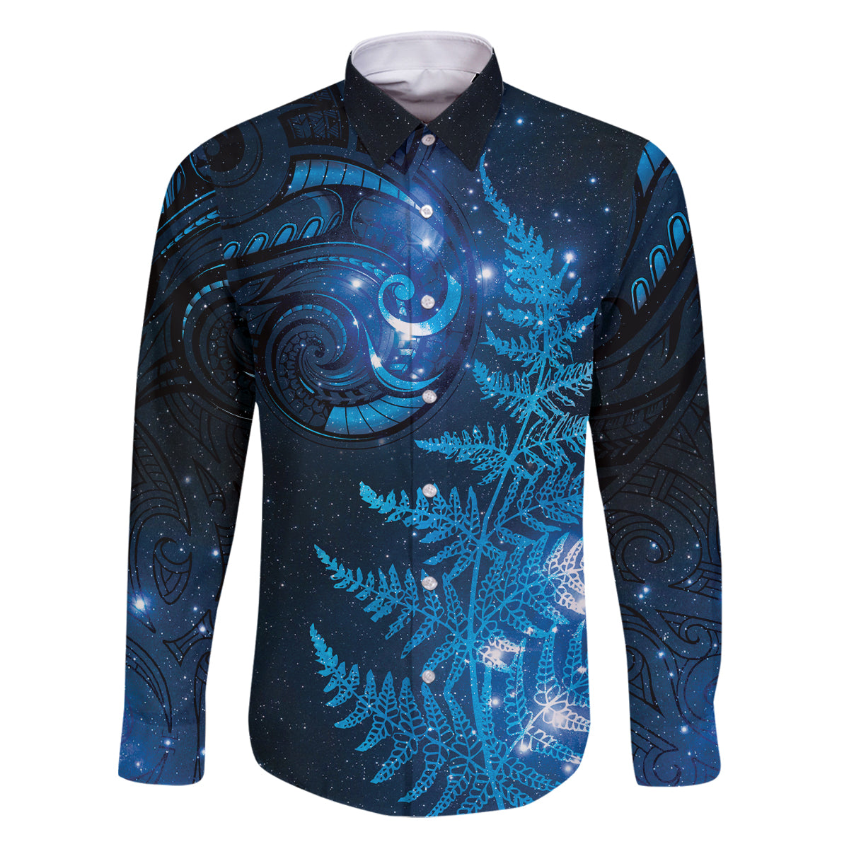 New Zealand Matariki Family Matching Puletasi and Hawaiian Shirt Blue Milky Way Stars Night Sky LT9 Dad's Shirt - Long Sleeve Blue - Polynesian Pride