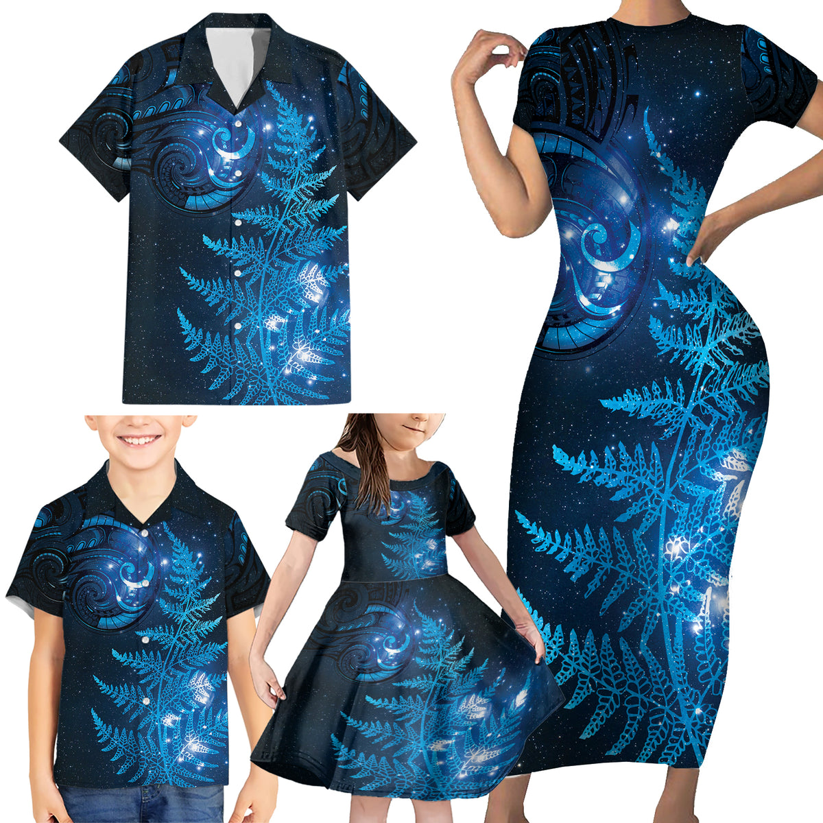 New Zealand Matariki Family Matching Short Sleeve Bodycon Dress and Hawaiian Shirt Blue Milky Way Stars Night Sky LT9 - Polynesian Pride