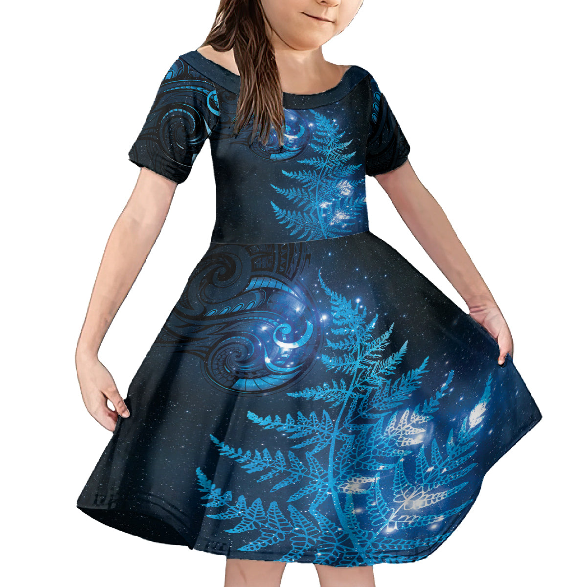 New Zealand Matariki Family Matching Summer Maxi Dress and Hawaiian Shirt Blue Milky Way Stars Night Sky LT9 Daughter's Dress Blue - Polynesian Pride