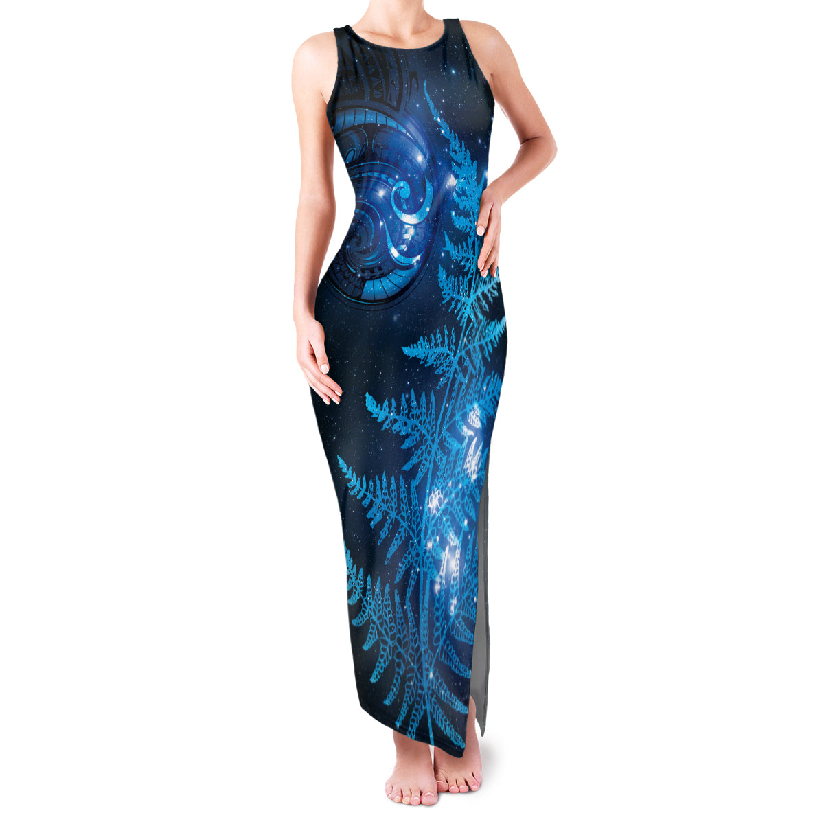 New Zealand Matariki Family Matching Tank Maxi Dress and Hawaiian Shirt Blue Milky Way Stars Night Sky LT9 Mom's Dress Blue - Polynesian Pride