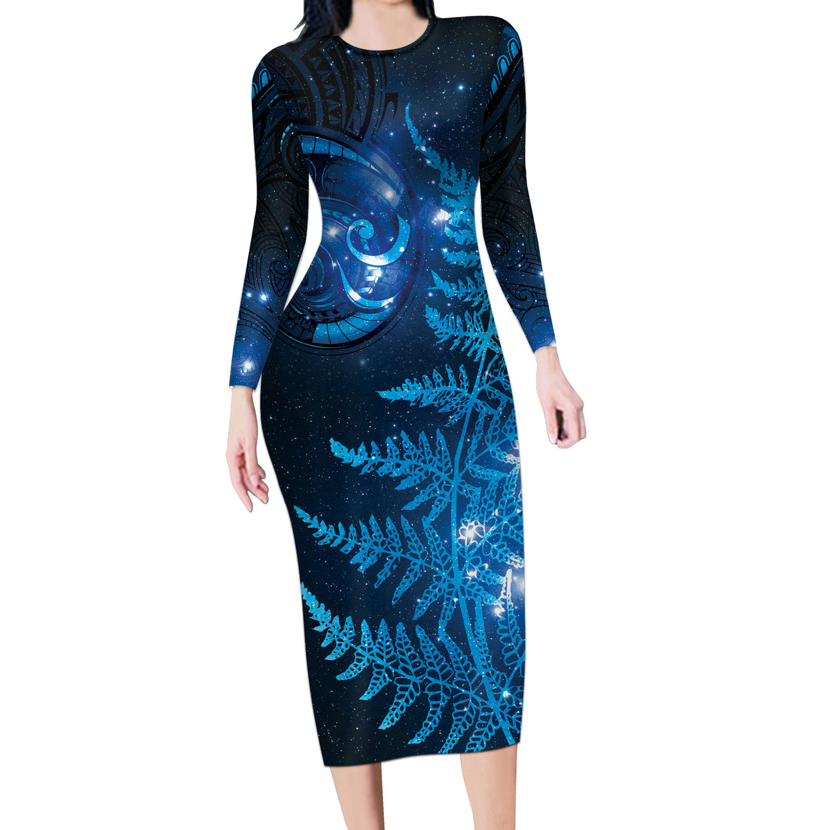 New Zealand Matariki Long Sleeve Bodycon Dress Blue Milky Way Stars Night Sky LT9 Long Dress Blue - Polynesian Pride