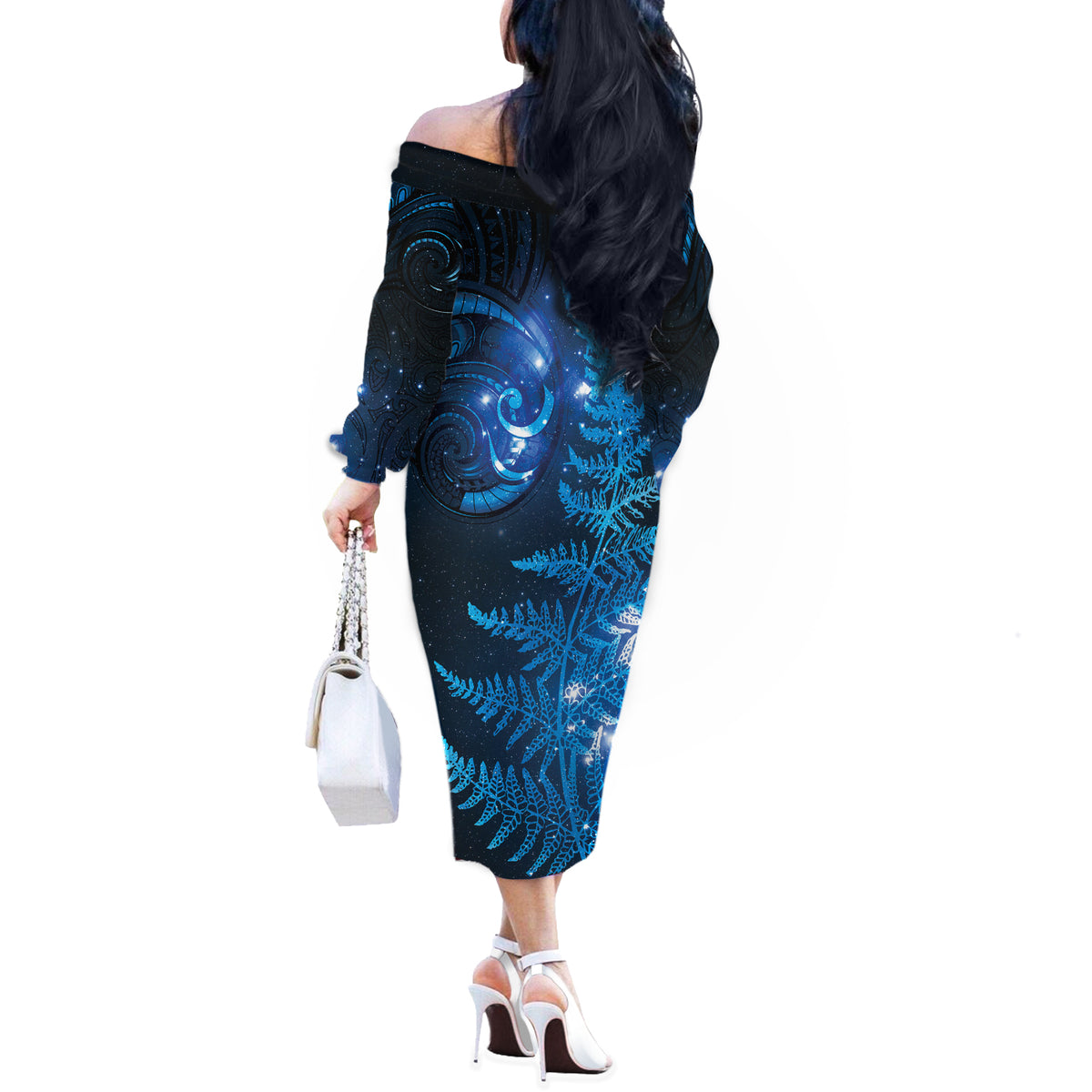 New Zealand Matariki Off The Shoulder Long Sleeve Dress Blue Milky Way Stars Night Sky LT9 - Polynesian Pride