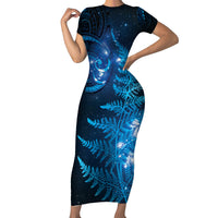 New Zealand Matariki Short Sleeve Bodycon Dress Blue Milky Way Stars Night Sky LT9 Long Dress Blue - Polynesian Pride