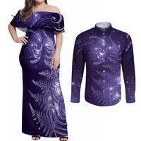 New Zealand Matariki Couples Matching Off Shoulder Maxi Dress and Long Sleeve Button Shirt Purple Milky Way Stars Night Sky LT9 Purple - Polynesian Pride