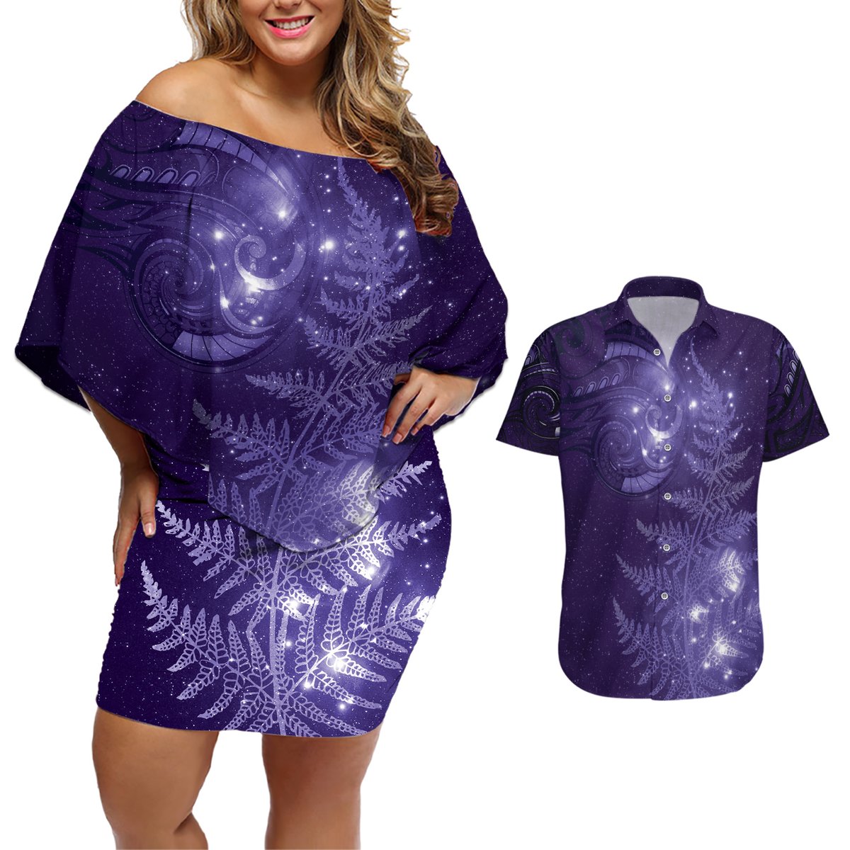 New Zealand Matariki Couples Matching Off Shoulder Short Dress and Hawaiian Shirt Purple Milky Way Stars Night Sky LT9 Purple - Polynesian Pride