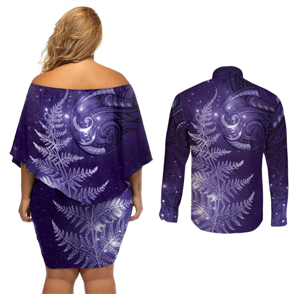 New Zealand Matariki Couples Matching Off Shoulder Short Dress and Long Sleeve Button Shirt Purple Milky Way Stars Night Sky LT9 - Polynesian Pride