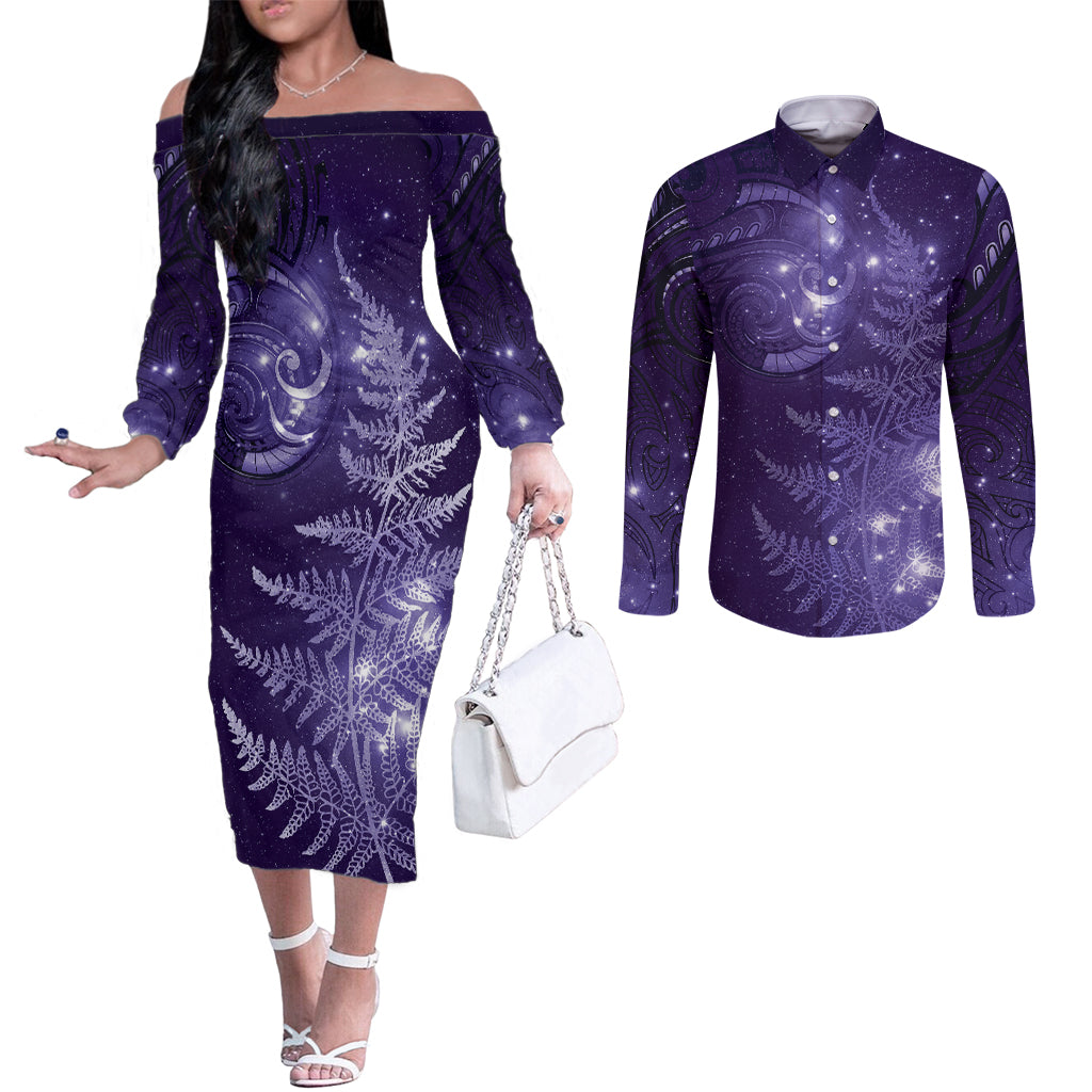 New Zealand Matariki Couples Matching Off The Shoulder Long Sleeve Dress and Long Sleeve Button Shirt Purple Milky Way Stars Night Sky LT9 Purple - Polynesian Pride