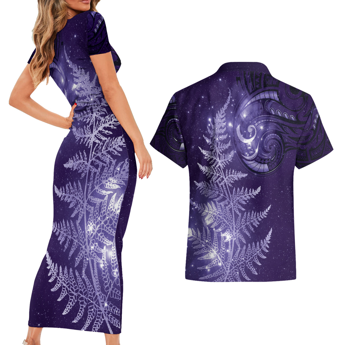 New Zealand Matariki Couples Matching Short Sleeve Bodycon Dress and Hawaiian Shirt Purple Milky Way Stars Night Sky LT9 - Polynesian Pride