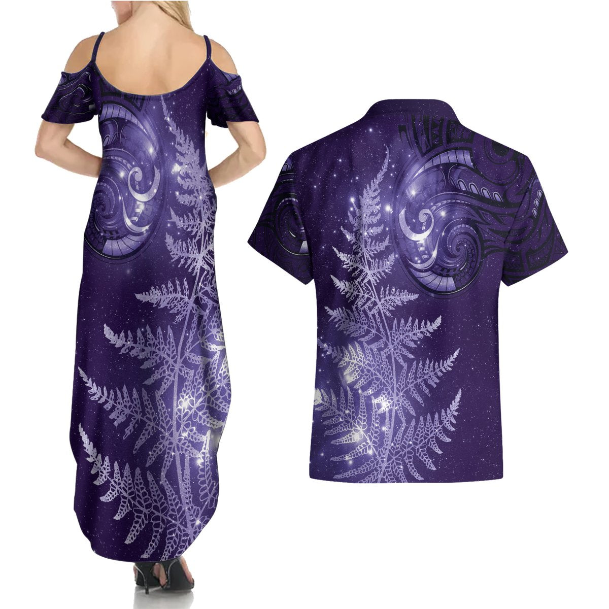 New Zealand Matariki Couples Matching Summer Maxi Dress and Hawaiian Shirt Purple Milky Way Stars Night Sky LT9 - Polynesian Pride