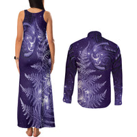 New Zealand Matariki Couples Matching Tank Maxi Dress and Long Sleeve Button Shirt Purple Milky Way Stars Night Sky LT9 - Polynesian Pride