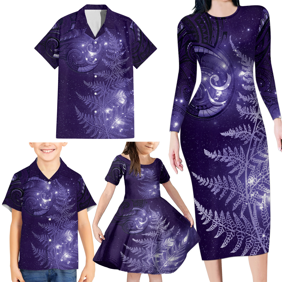 New Zealand Matariki Family Matching Long Sleeve Bodycon Dress and Hawaiian Shirt Purple Milky Way Stars Night Sky LT9 - Polynesian Pride
