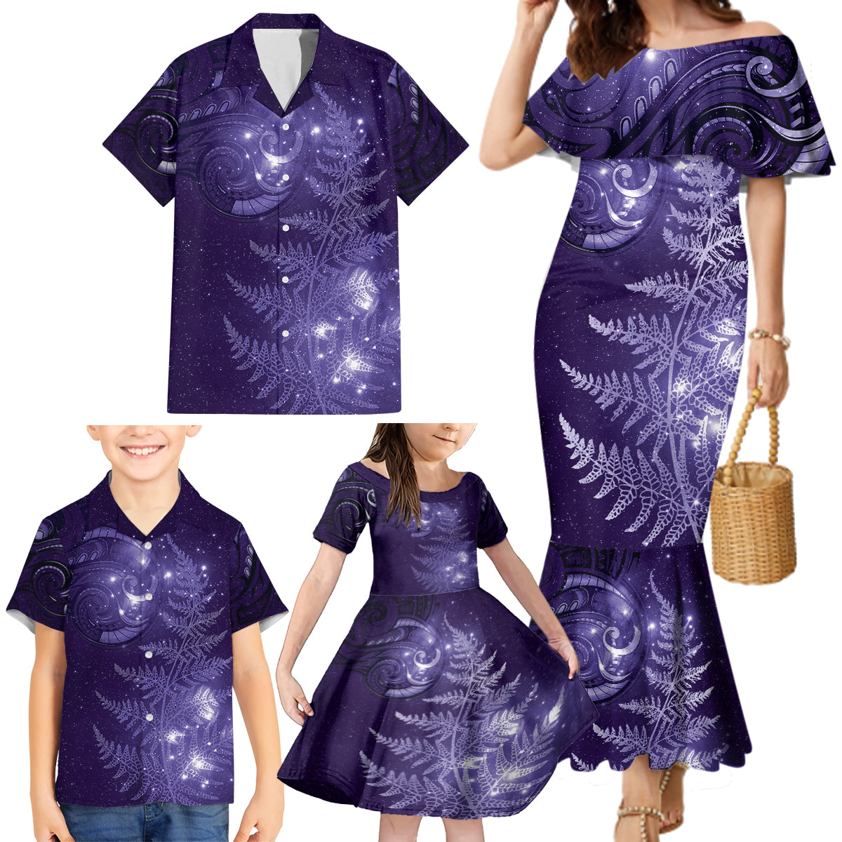 New Zealand Matariki Family Matching Mermaid Dress and Hawaiian Shirt Purple Milky Way Stars Night Sky LT9 - Polynesian Pride