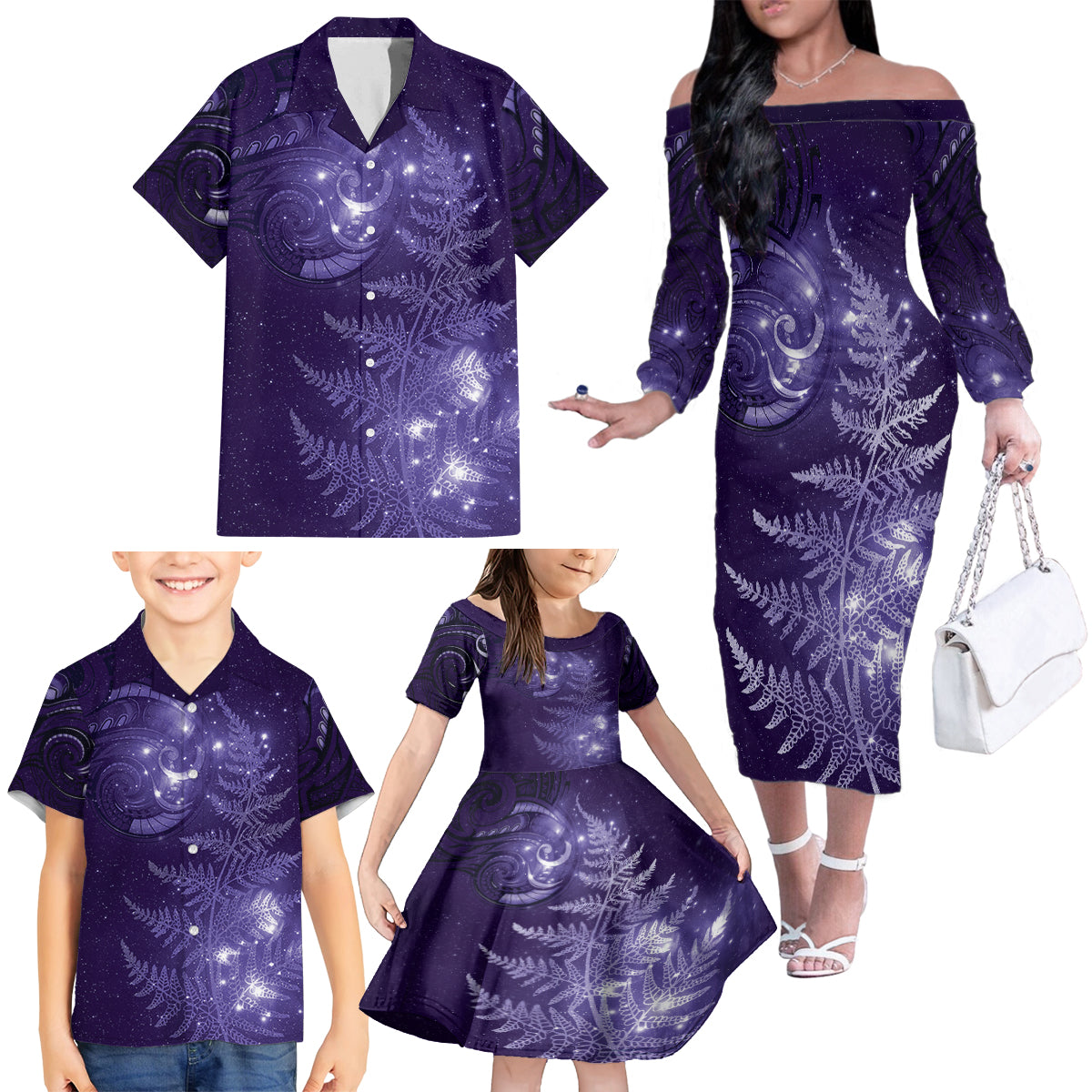 New Zealand Matariki Family Matching Off The Shoulder Long Sleeve Dress and Hawaiian Shirt Purple Milky Way Stars Night Sky LT9 - Polynesian Pride