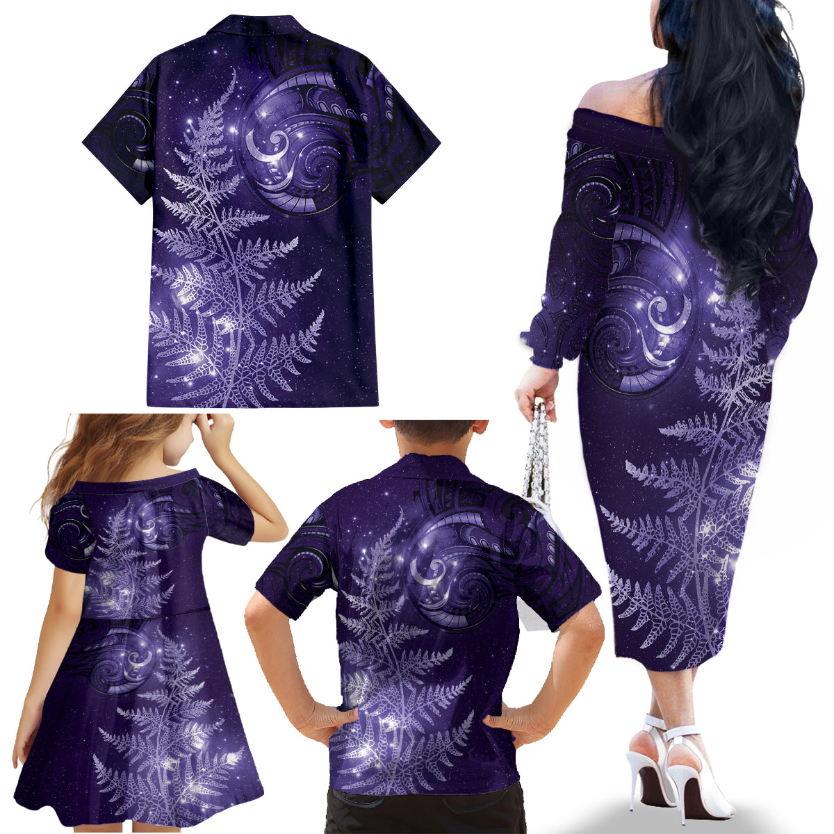 New Zealand Matariki Family Matching Off The Shoulder Long Sleeve Dress and Hawaiian Shirt Purple Milky Way Stars Night Sky LT9 - Polynesian Pride