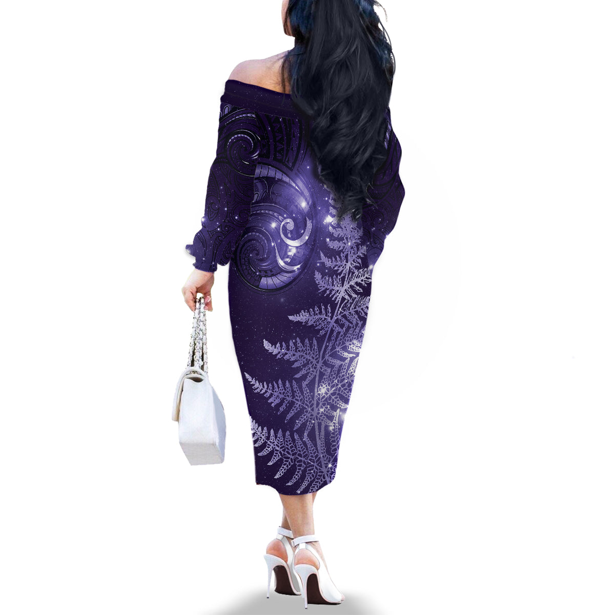New Zealand Matariki Family Matching Off The Shoulder Long Sleeve Dress and Hawaiian Shirt Purple Milky Way Stars Night Sky LT9 - Polynesian Pride