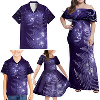 New Zealand Matariki Family Matching Off Shoulder Maxi Dress and Hawaiian Shirt Purple Milky Way Stars Night Sky LT9 - Polynesian Pride