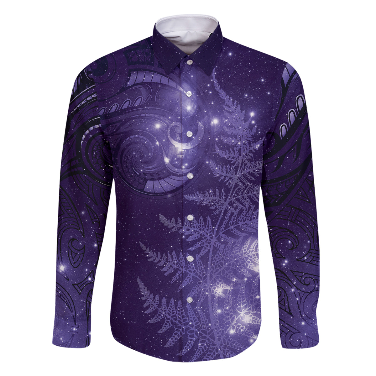 New Zealand Matariki Family Matching Off Shoulder Maxi Dress and Hawaiian Shirt Purple Milky Way Stars Night Sky LT9 Dad's Shirt - Long Sleeve Purple - Polynesian Pride