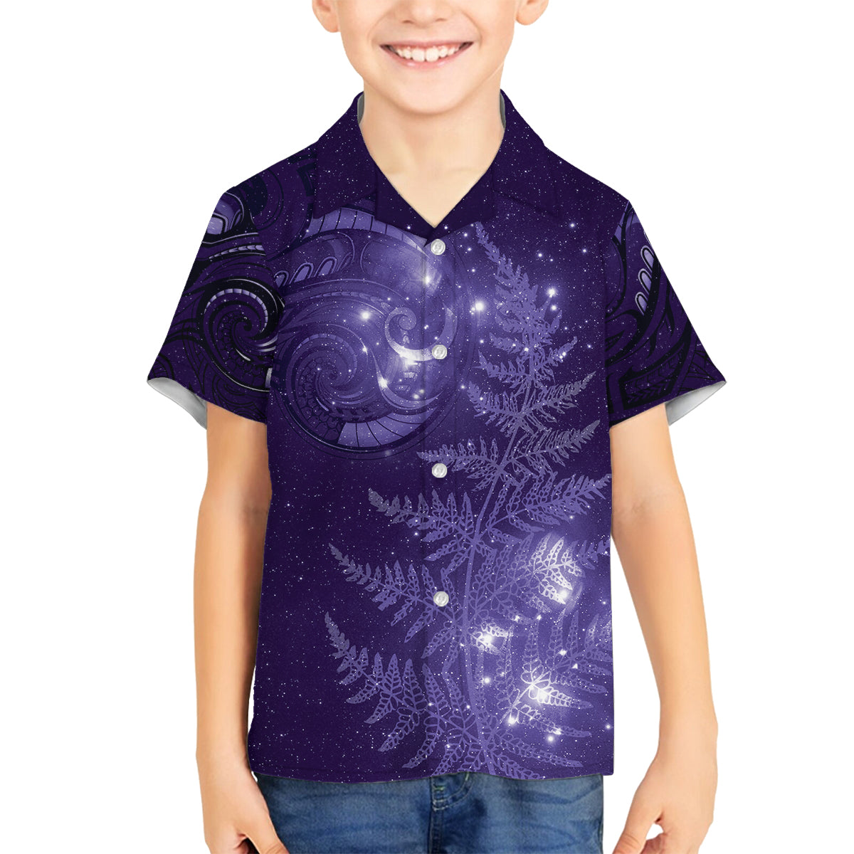 New Zealand Matariki Family Matching Summer Maxi Dress and Hawaiian Shirt Purple Milky Way Stars Night Sky LT9 Son's Shirt Purple - Polynesian Pride