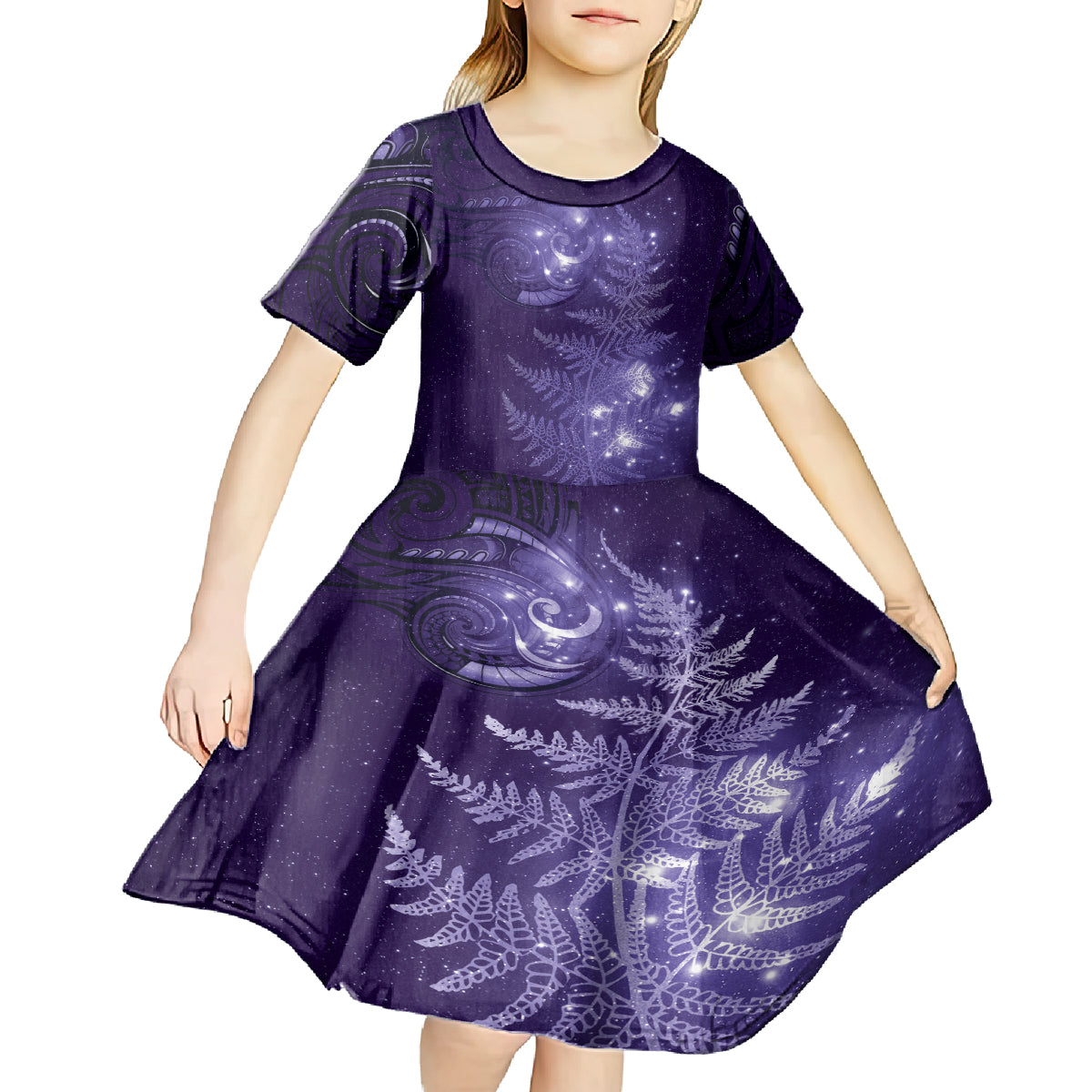 New Zealand Matariki Kid Short Sleeve Dress Purple Milky Way Stars Night Sky LT9 - Polynesian Pride