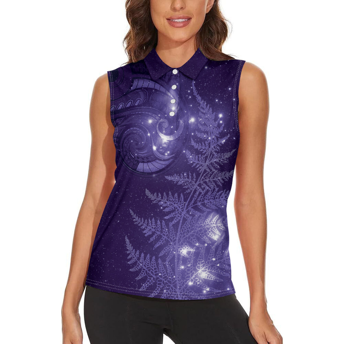New Zealand Matariki Women Sleeveless Polo Shirt Purple Milky Way Stars Night Sky LT9 - Polynesian Pride