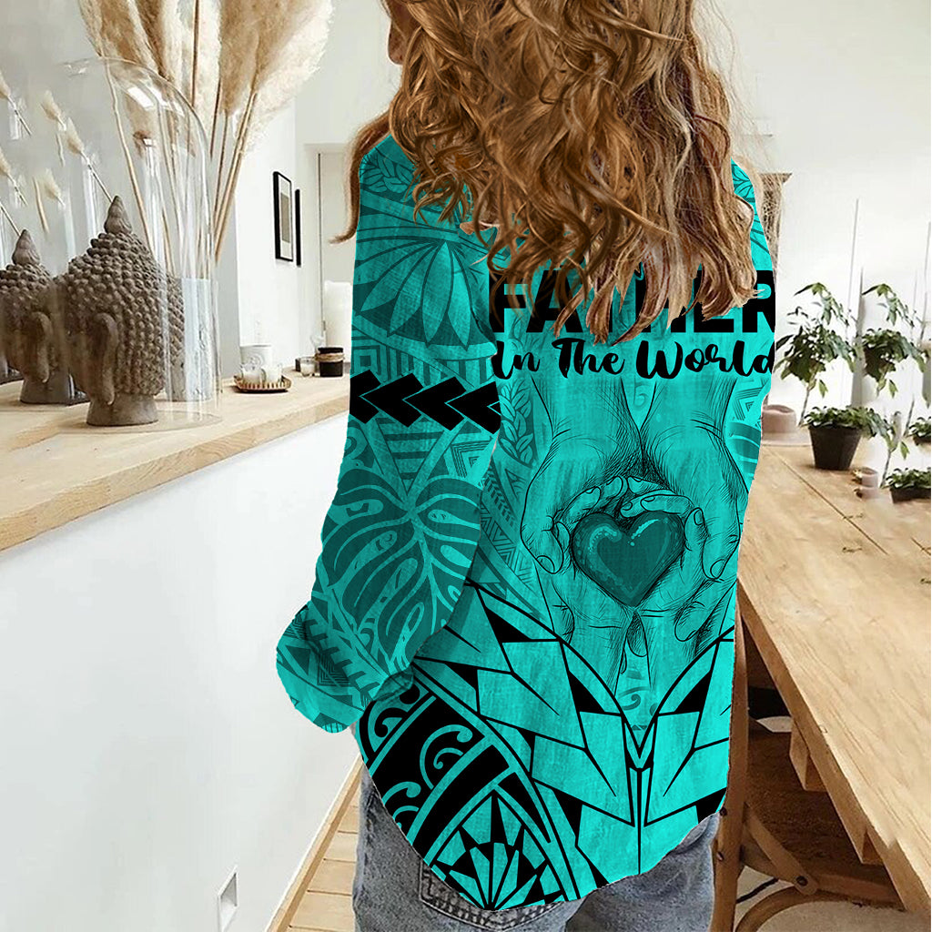Polynesian Father's Day Gift For Dad Women Casual Shirt Super Father In The World - Turquoise Polynesian Pattern LT9 - Polynesian Pride