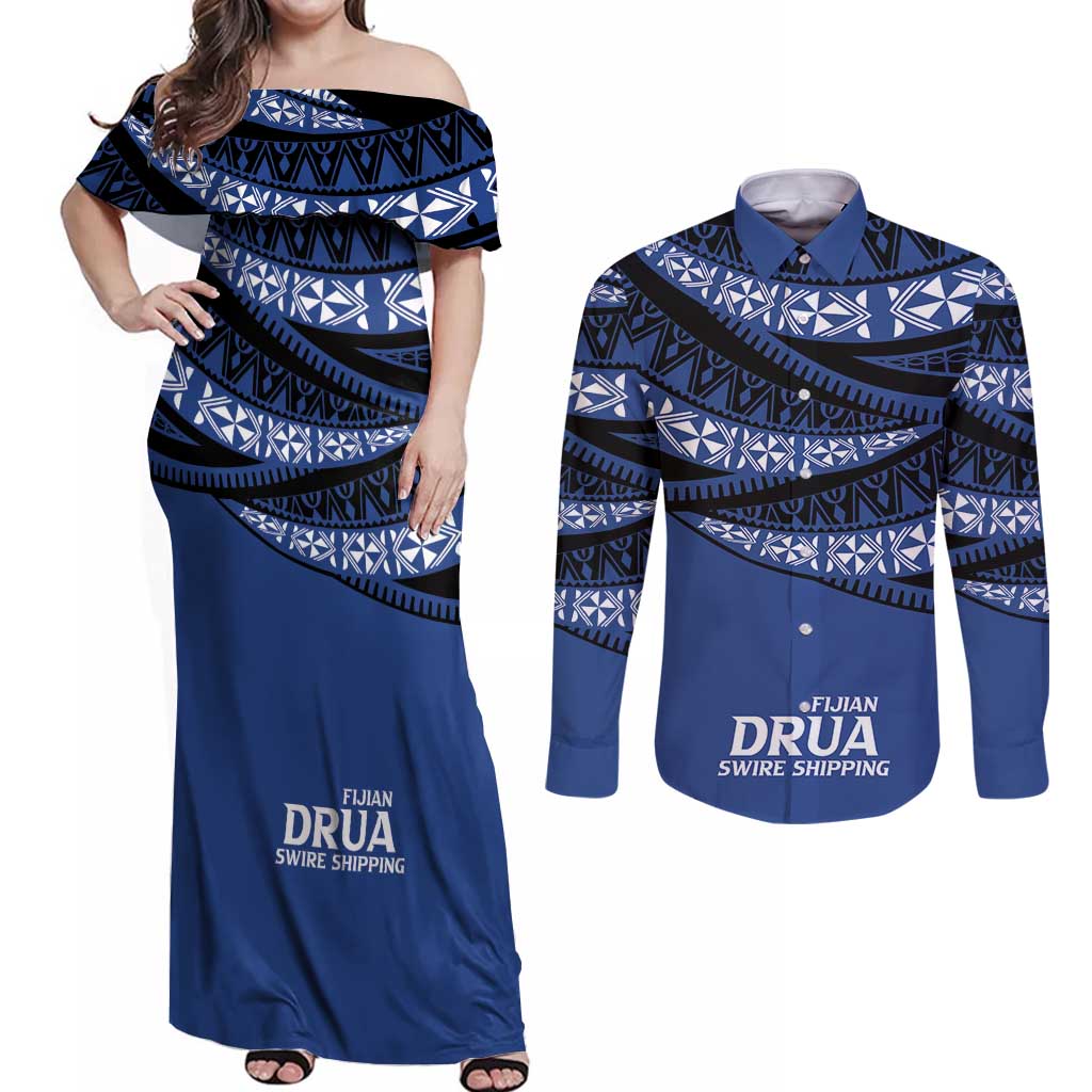 Fiji Rugby Pacific Custom Couples Matching Off Shoulder Maxi Dress and Long Sleeve Button Shirt Pasifika Tapa Pattern