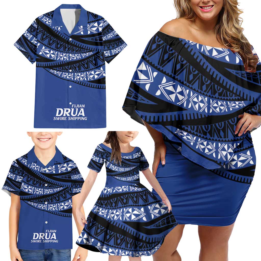 Fiji Rugby Pacific Custom Family Matching Off Shoulder Short Dress and Hawaiian Shirt Pasifika Tapa Pattern