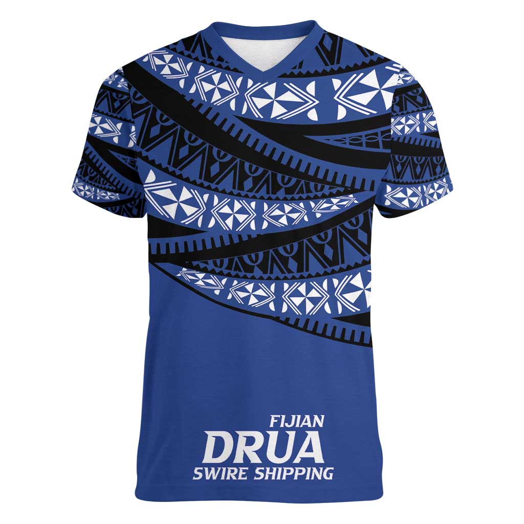 Fiji Rugby Pacific Custom Women V-Neck T-Shirt Pasifika Tapa Pattern