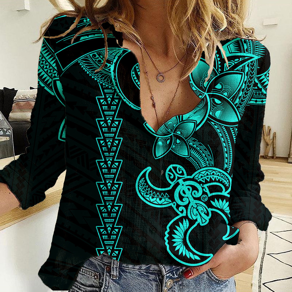 Hawaiian Tribal Women Casual Shirt Polynesian Kakau Turtle - Aqua LT9 Female Aqua - Polynesian Pride