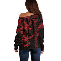 Hawaiian Tribal Off Shoulder Sweater Polynesian Kakau Turtle - Red LT9 - Polynesian Pride