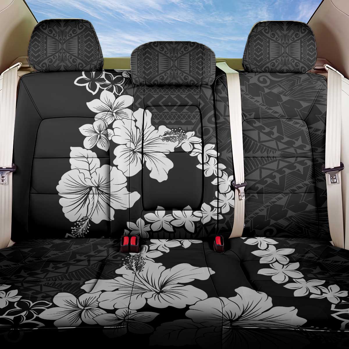 American Samoa Lotu Tamaiti Back Car Seat Cover White Sunday Plumeria Black Vibe LT9 One Size Black - Polynesian Pride