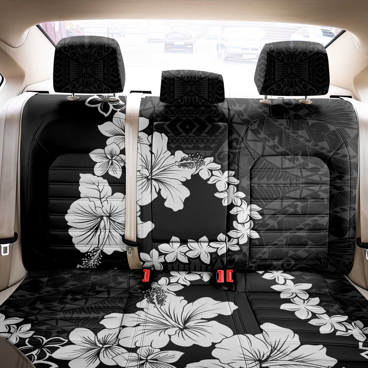 American Samoa Lotu Tamaiti Back Car Seat Cover White Sunday Plumeria Black Vibe LT9 - Polynesian Pride