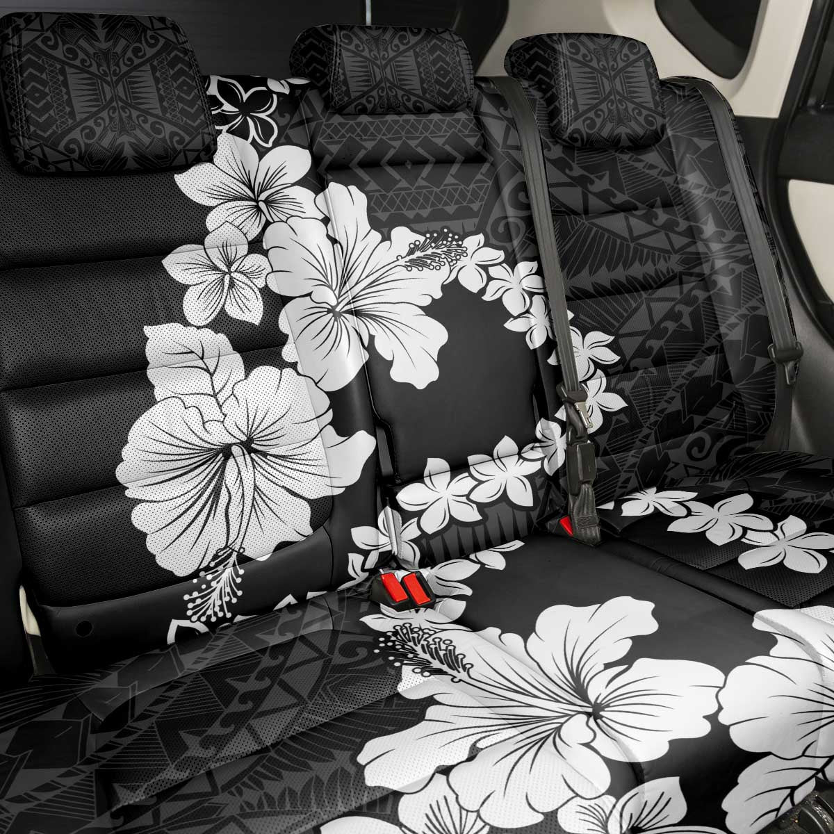 American Samoa Lotu Tamaiti Back Car Seat Cover White Sunday Plumeria Black Vibe LT9 - Polynesian Pride