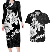 American Samoa Lotu Tamaiti Couples Matching Long Sleeve Bodycon Dress and Hawaiian Shirt White Sunday Plumeria Black Vibe LT9 Black - Polynesian Pride