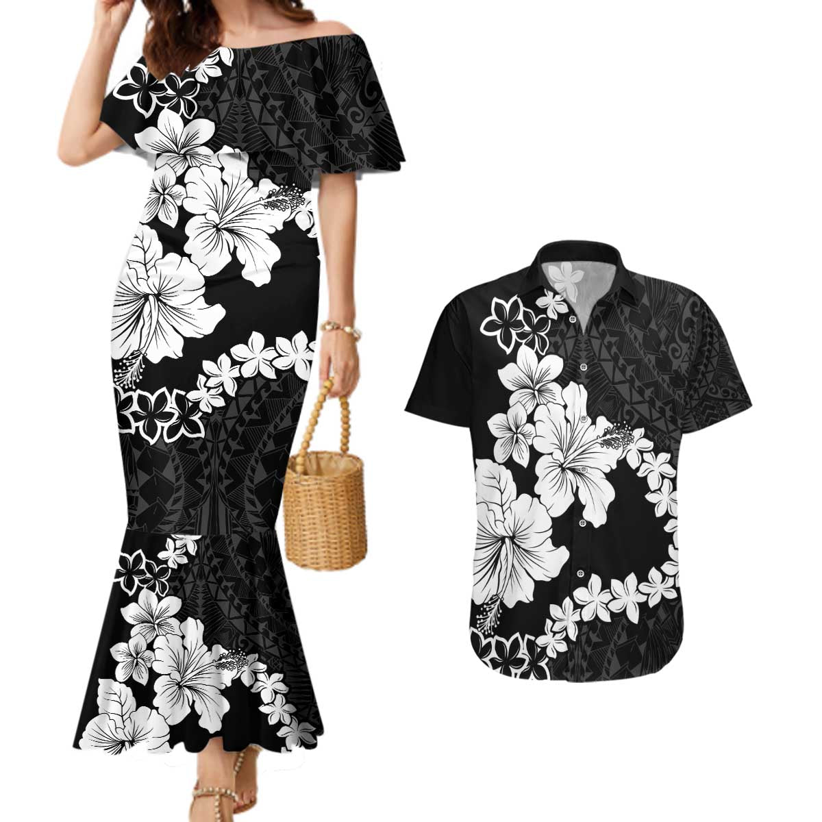 American Samoa Lotu Tamaiti Couples Matching Mermaid Dress and Hawaiian Shirt White Sunday Plumeria Black Vibe LT9 Black - Polynesian Pride