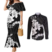 American Samoa Lotu Tamaiti Couples Matching Mermaid Dress and Long Sleeve Button Shirt White Sunday Plumeria Black Vibe LT9 Black - Polynesian Pride